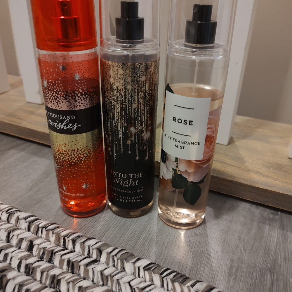 3 Bath & Body Works Rose and A Thousand Wishes Fragrance Mist and Into The Night